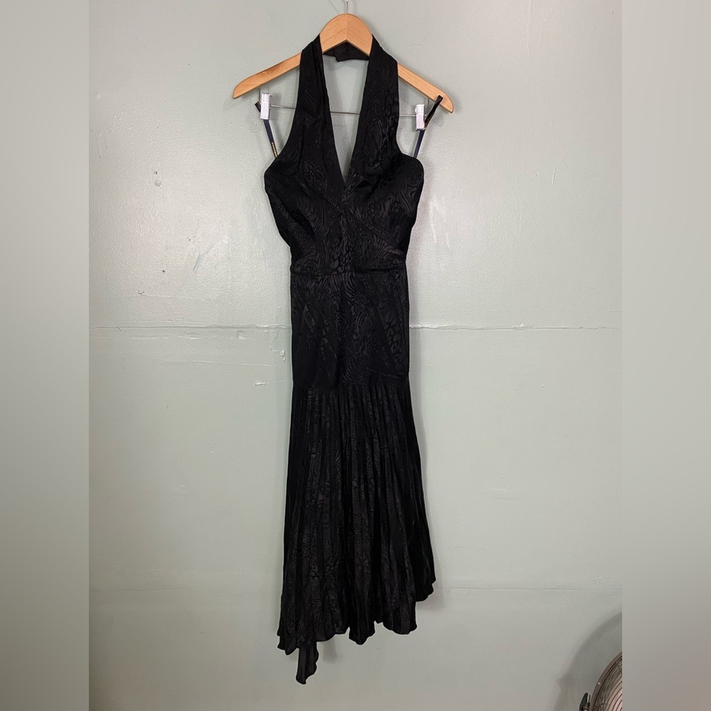 Shoshanna Black Halter‎ Pleated Midi Dress Size 2 Jacquard Printed